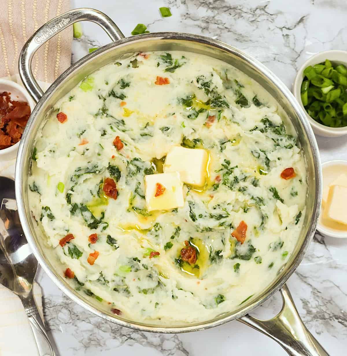 A pot full of insanely delicious colcannon mashed potatoes