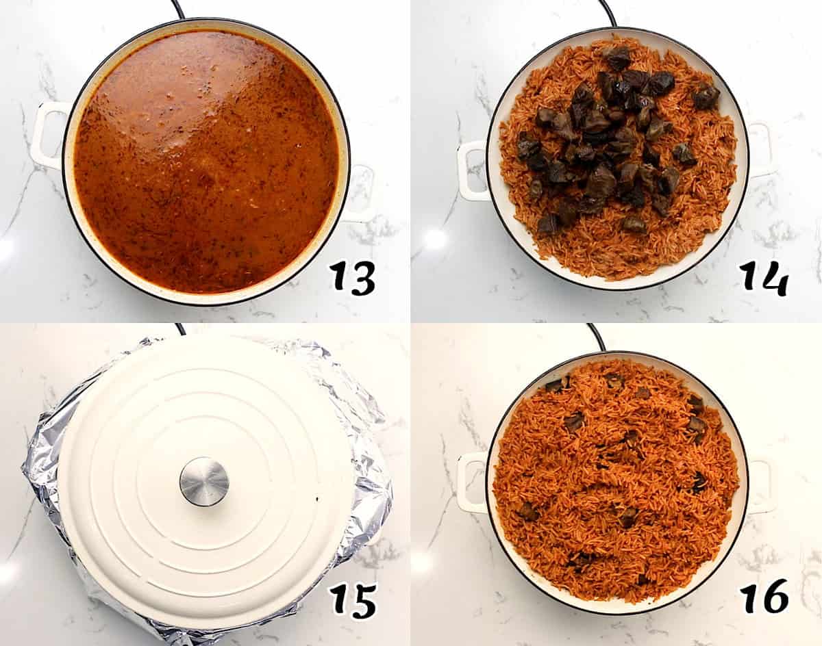 Add the broth and meat, cover, and simmer heavenly Ghana jollof rice