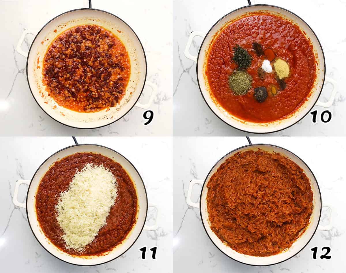 Make the tomato stew base, add the rice, and simmer