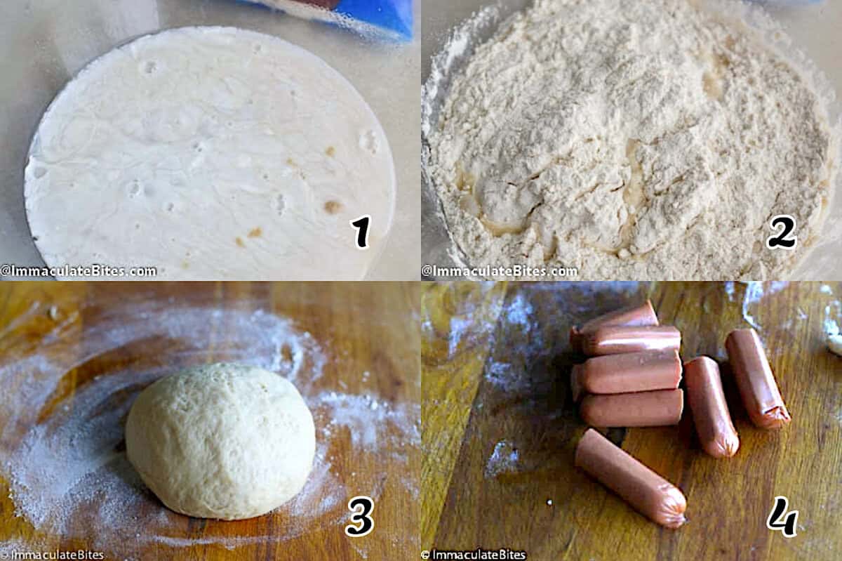 Activate yeast, make dough, and prep dogs
