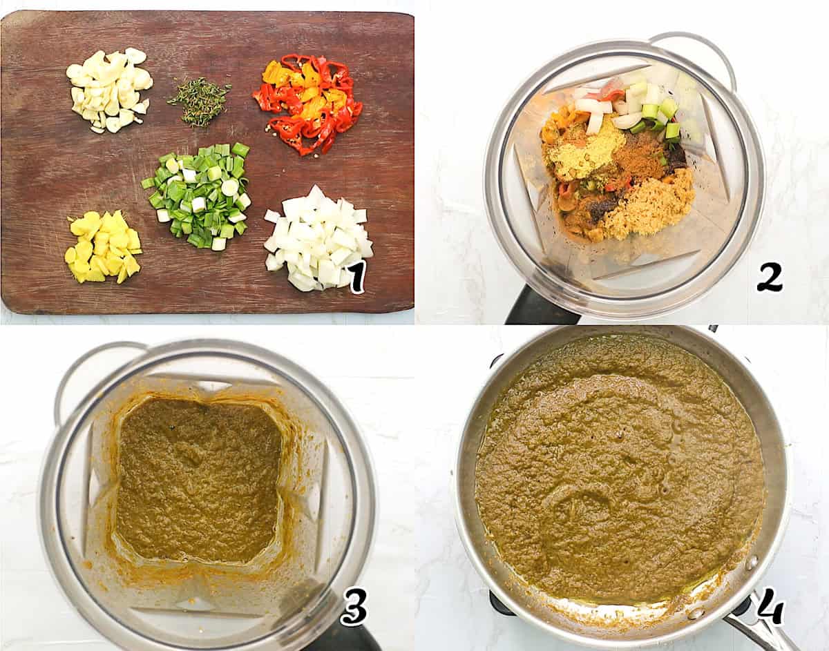 Chop ingredients, puree and simmer until thickened