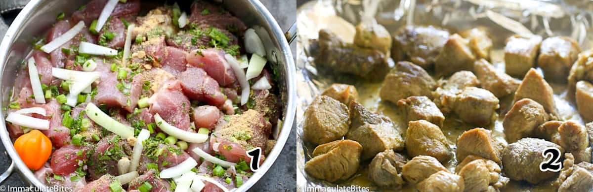 Marinate meat, cook, and brown