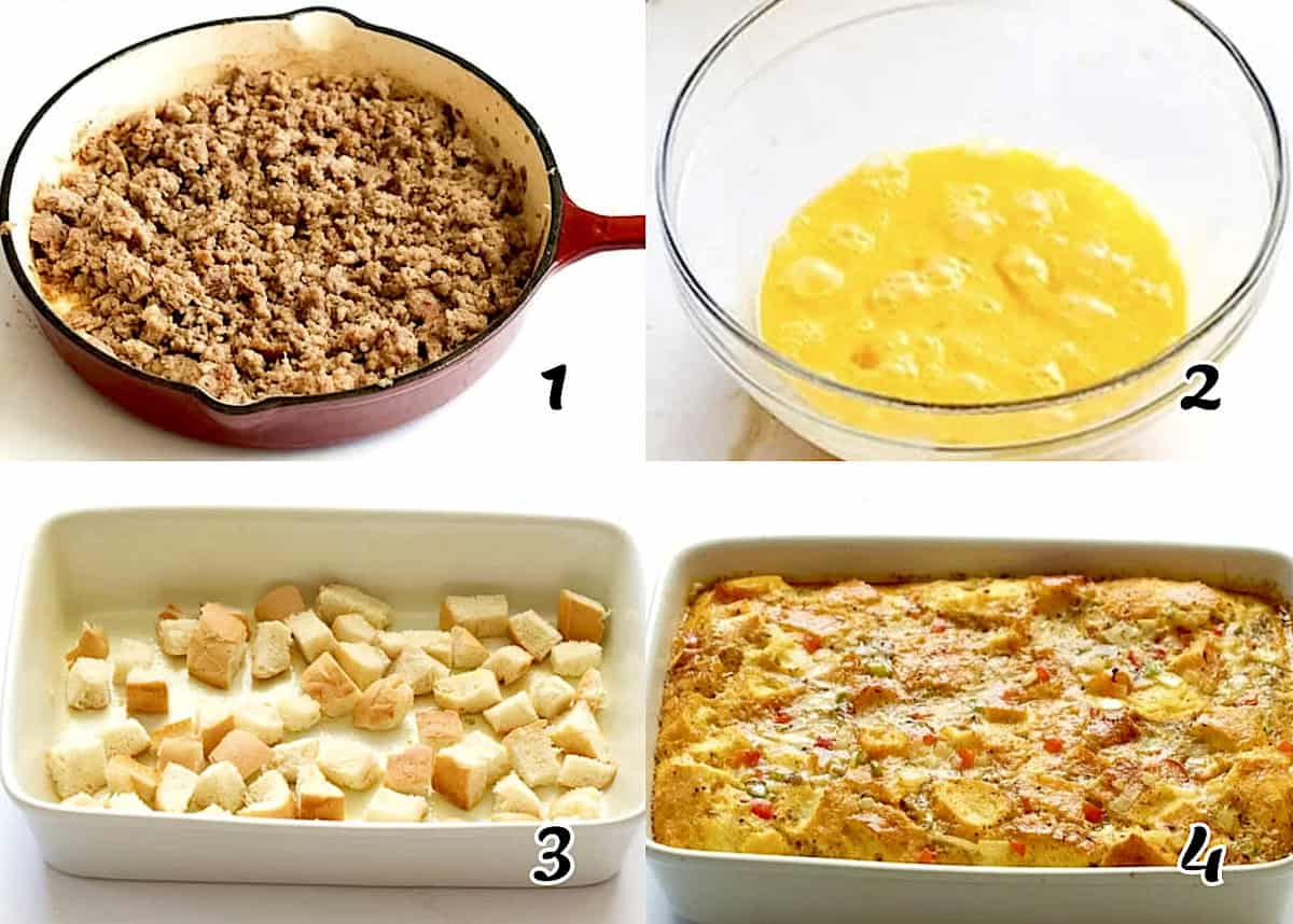 Brown the meat, mix the eggs and cheese, and bake