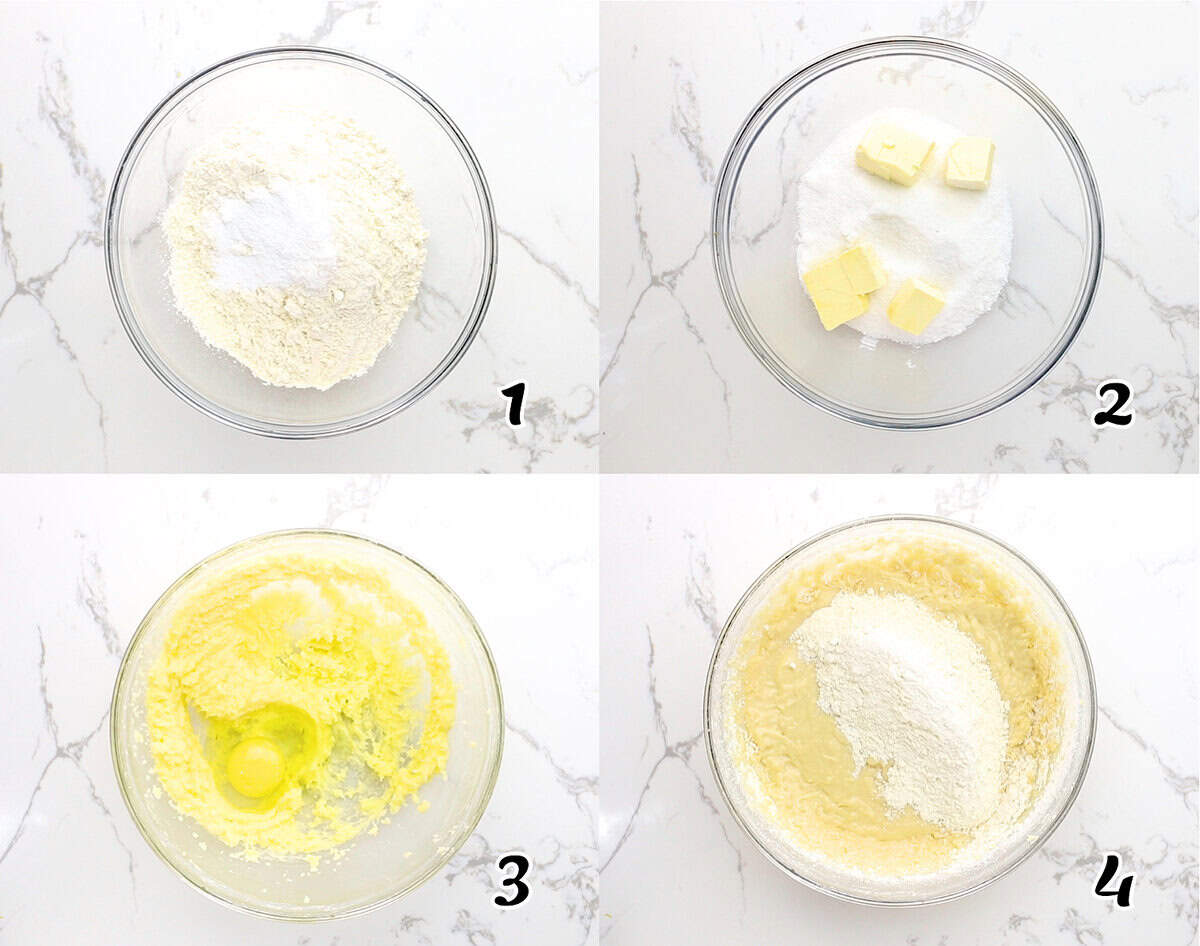 Mix the dry ingredients, cream the butter and sugar, add the eggs and the rest of the batter ingredients and combine