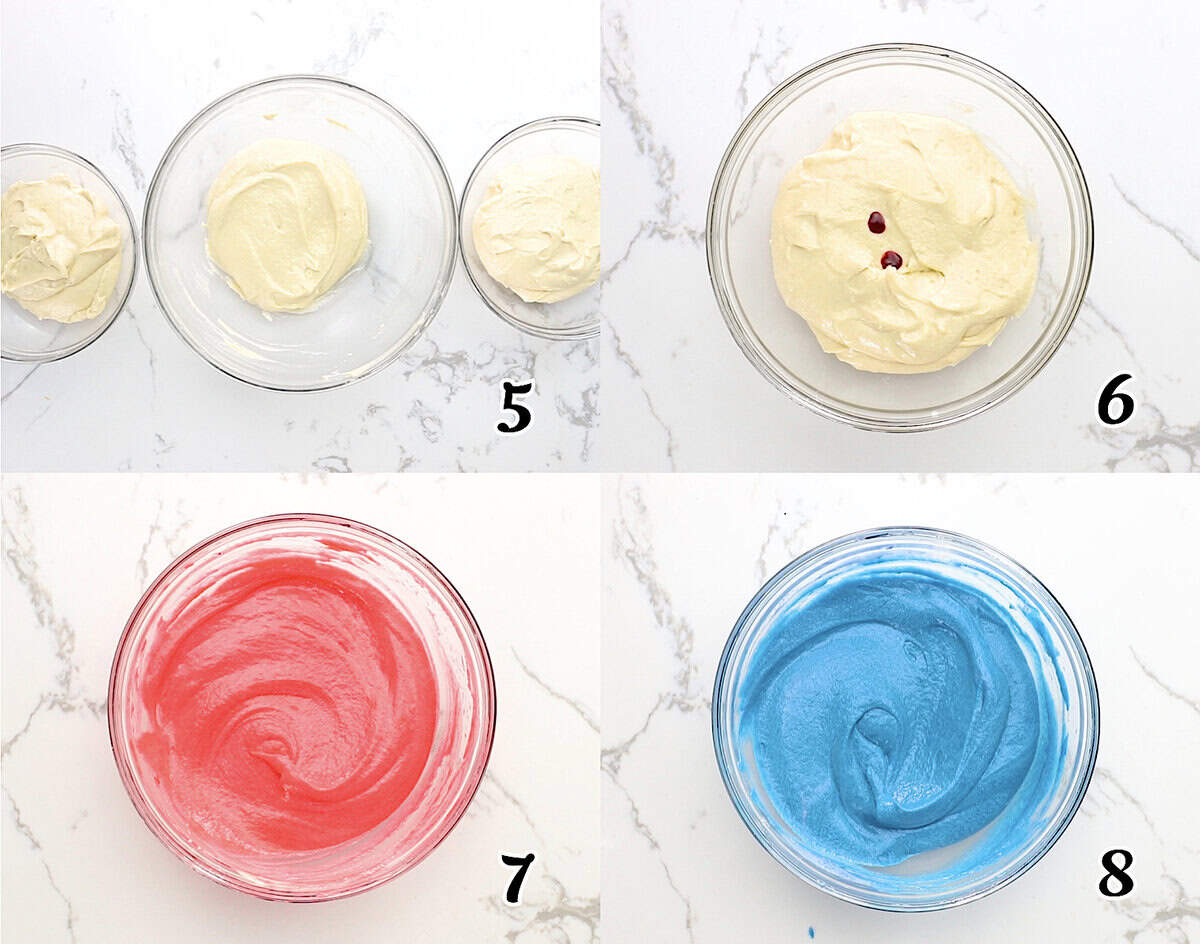 Divide the batter into three and add food coloring to two of the bowls.