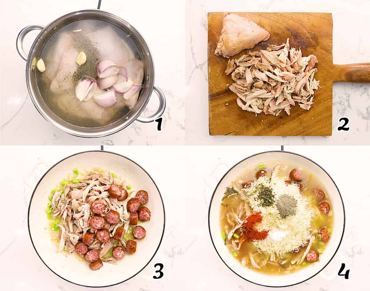 Cook the meat and make broth, then saute the sausage and seasonings