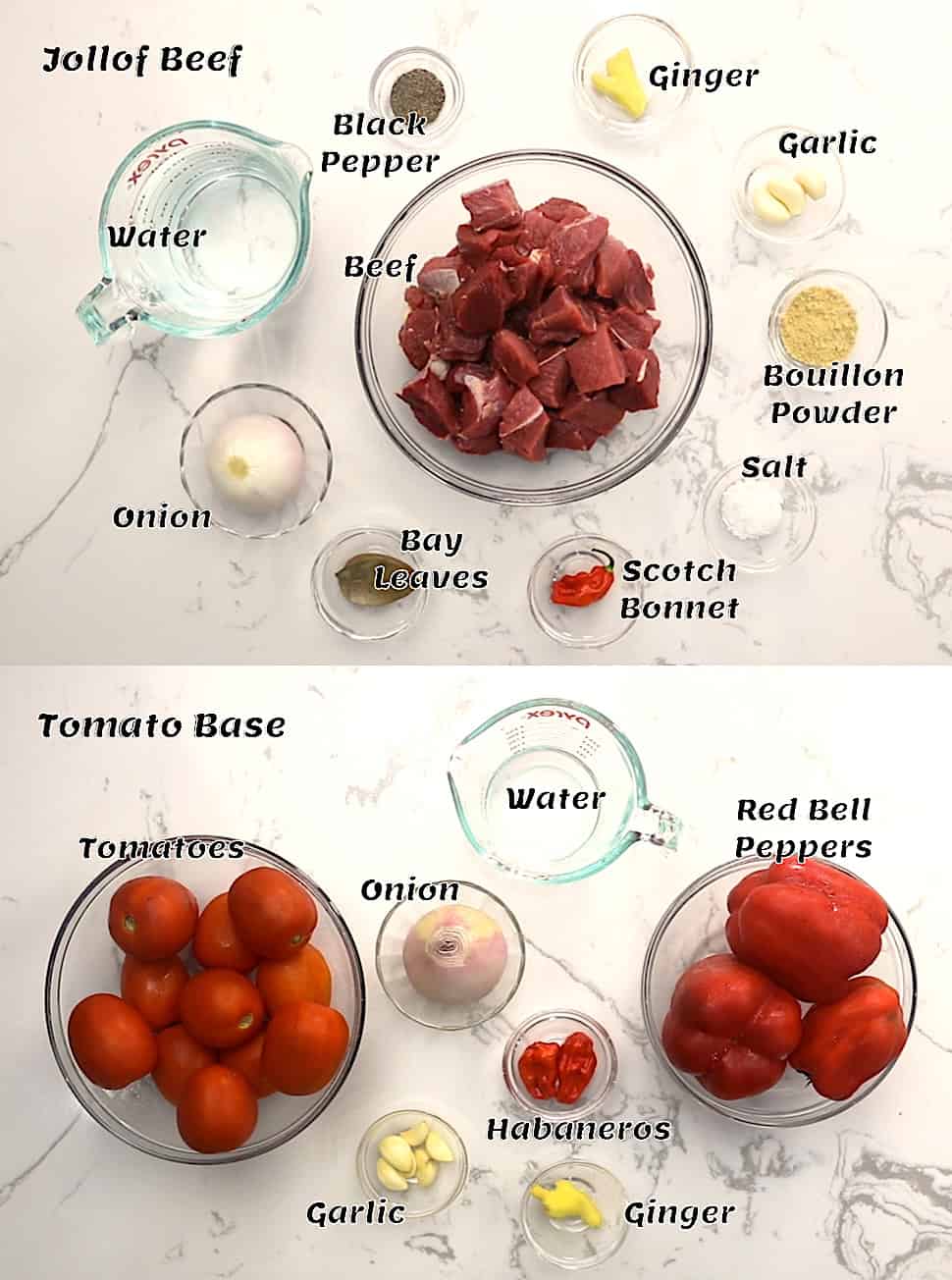 The beef stock and tomato stew base ingredients for ridiculously delicious Ghana jollof rice