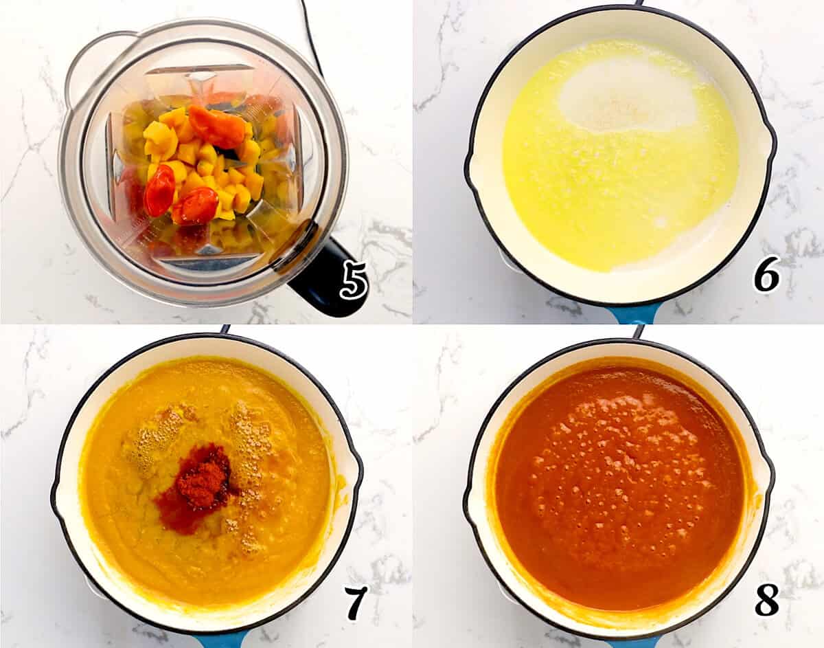 Puree sauce ingredients, melt butter, add the rest of the sauce ingredients, and simmer until thickened