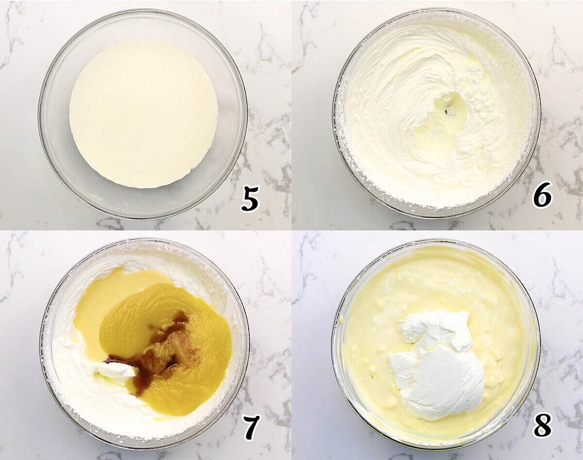 Whip the cream, add the flavorings and condensed milk to half the whipped cream, then combine all the ingredients