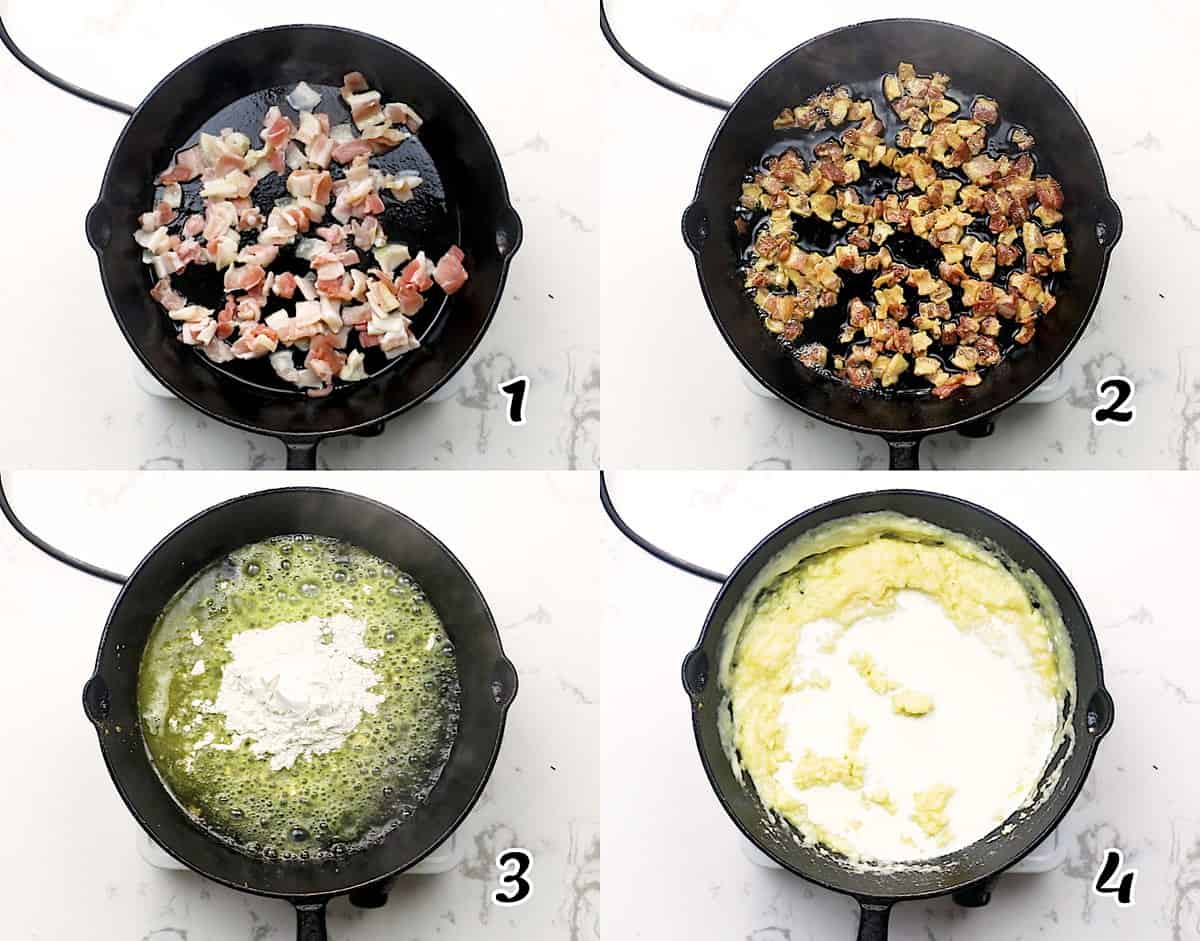 Fry the bacon, make a roux with the oil, and add the soup and milk.