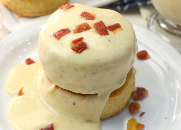 Comfort food biscuits smothered in amazing bacon gravy