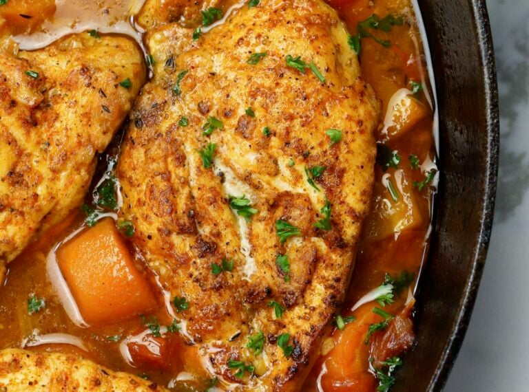 Ridiculously tender and juicy braised chicken breasts fresh from the oven