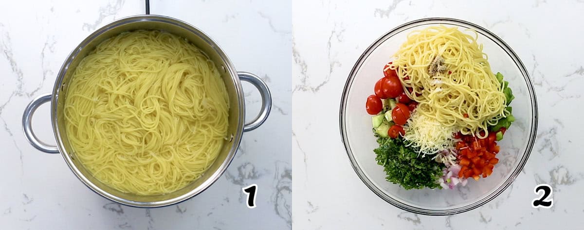 Boil the pasta and add the ingredients