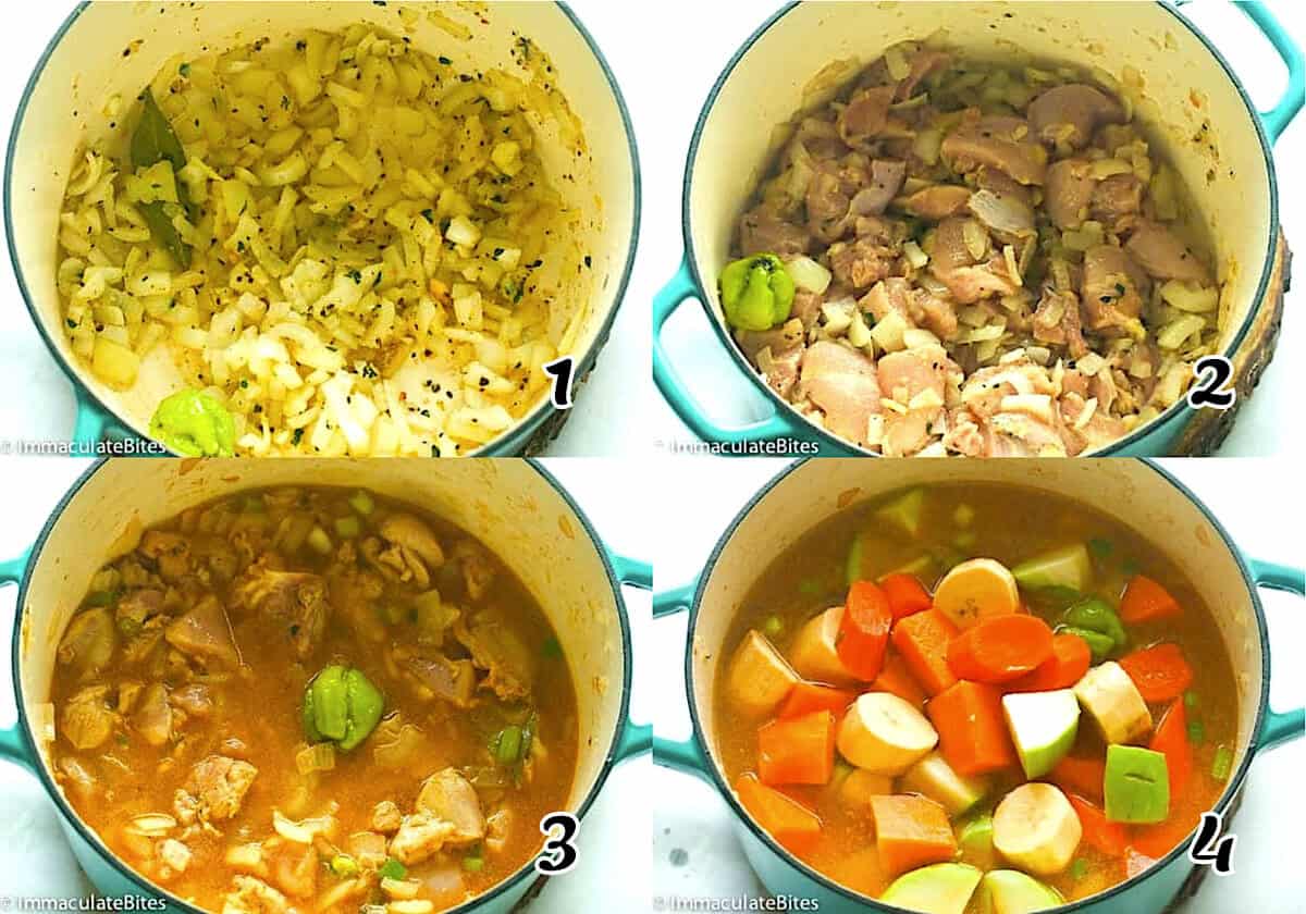 Saute the aromatics, the meat, add broth and vegetables, and simmer