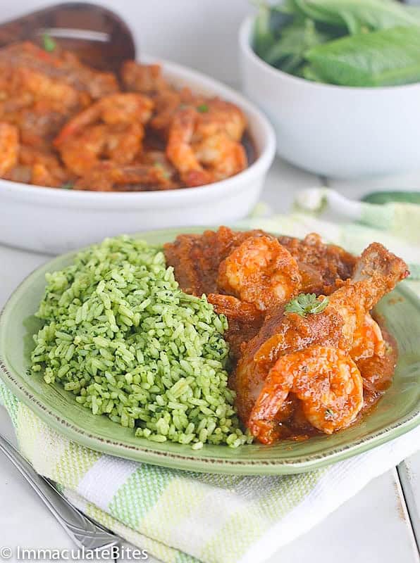 Liberian chicken gravy with green rice for a super delicious meal