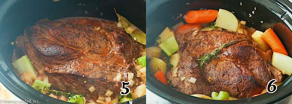 Add the seasonings to the crockpot, add the carrots and potatoes, set it and forget it