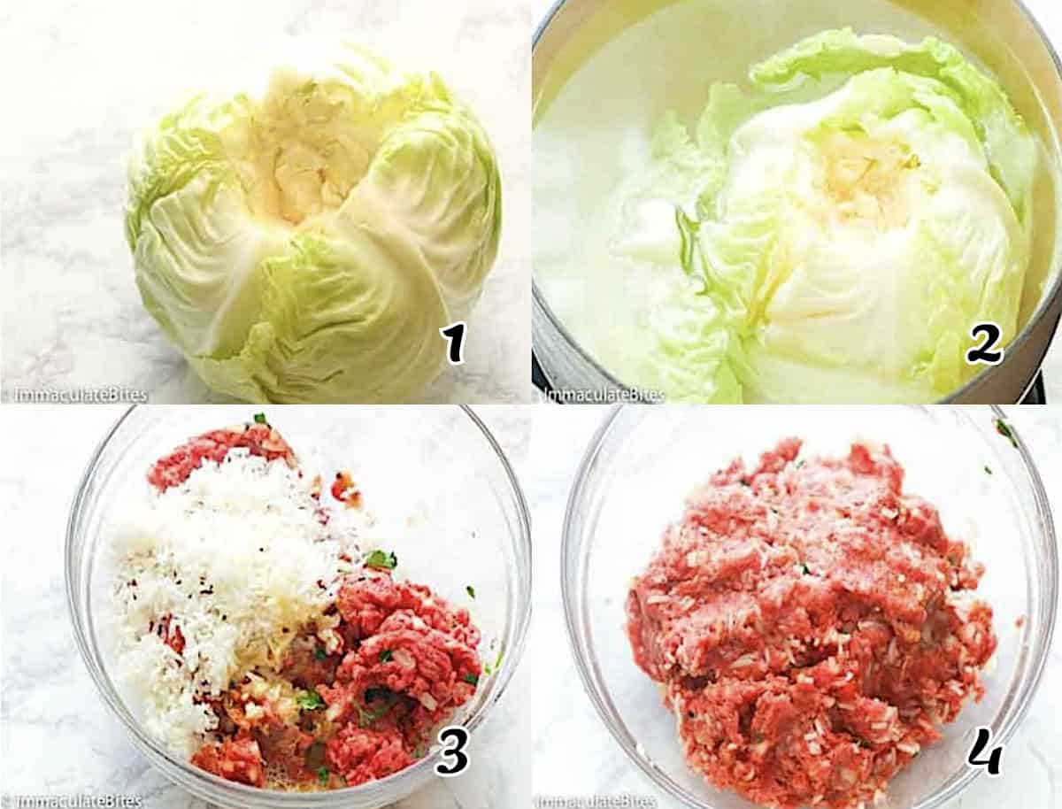 Core the cabbage and blanch the leaves. Then mix all the filling ingredients