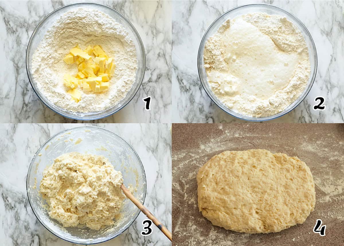Cut the butter and add soda and sour cream to make a dough.
