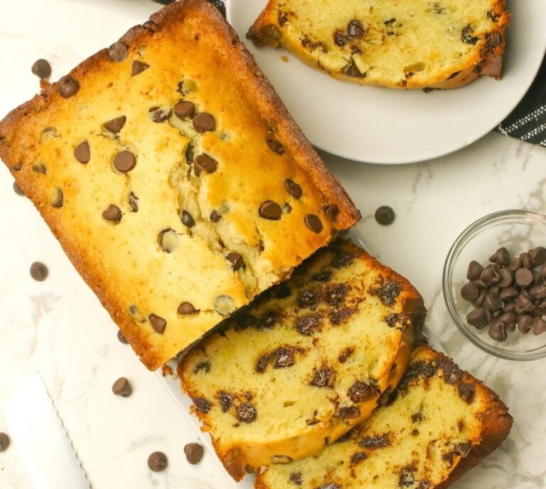 Slicing up a chocolate chip pound cake for an insanely comforting afternoon snack