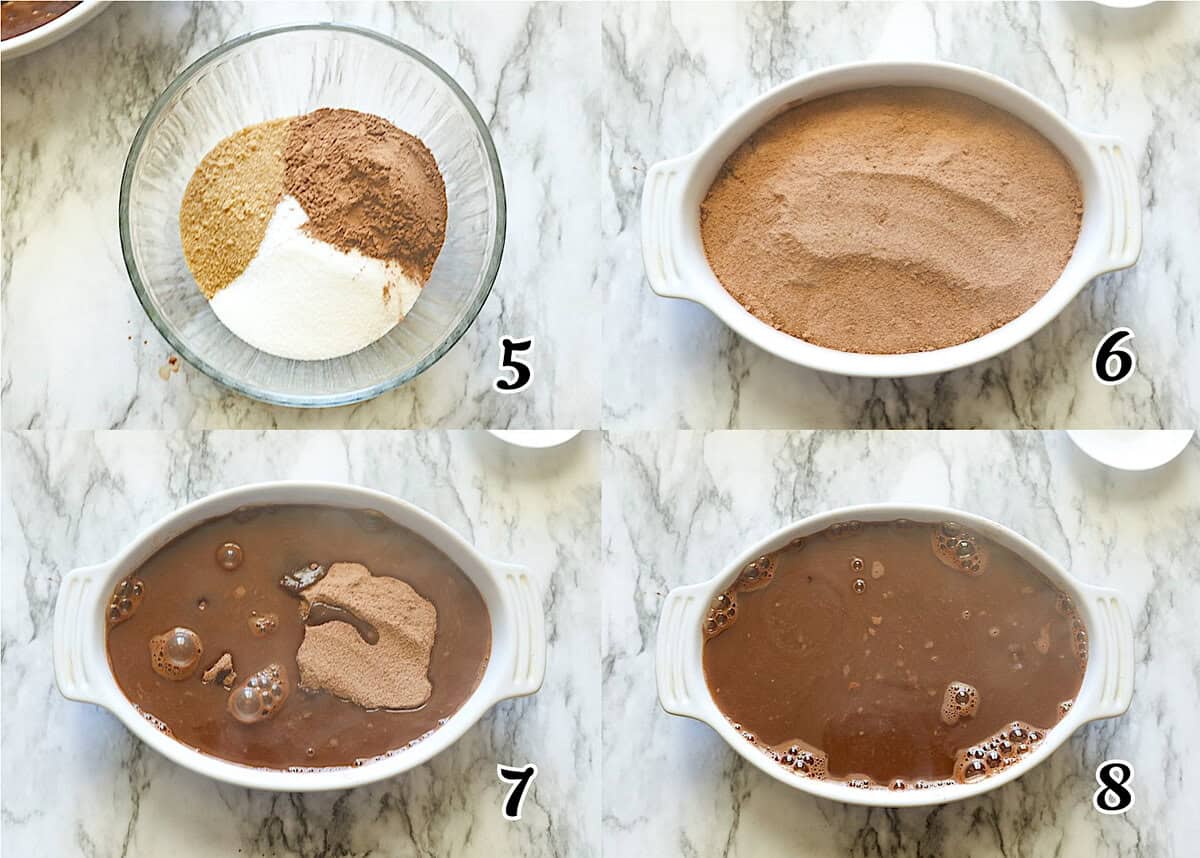 Mix the toppings and pour them over the dough, pour in hot water and bake.