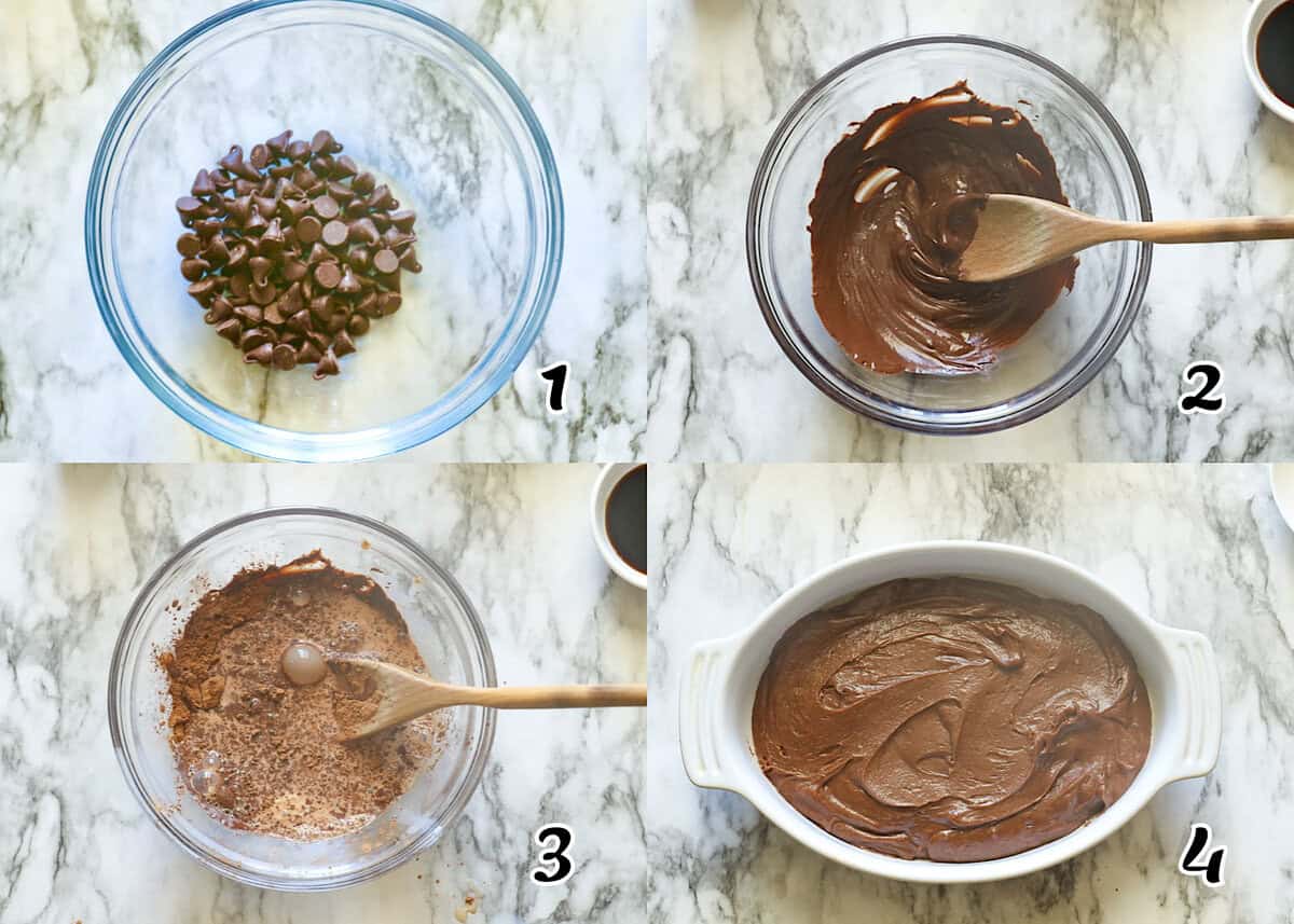 Melt the chocolate, mix the ingredients and pour the batter into a baking pan