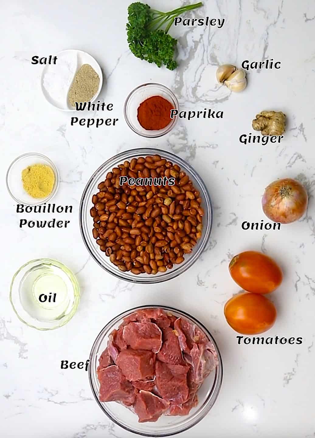 Ingredients for making groundnut soup from scratch
