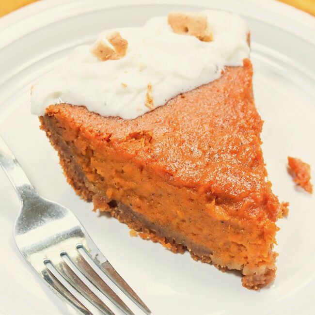 Diving into an insanely good slice of sweet potato pie in a graham cracker crust