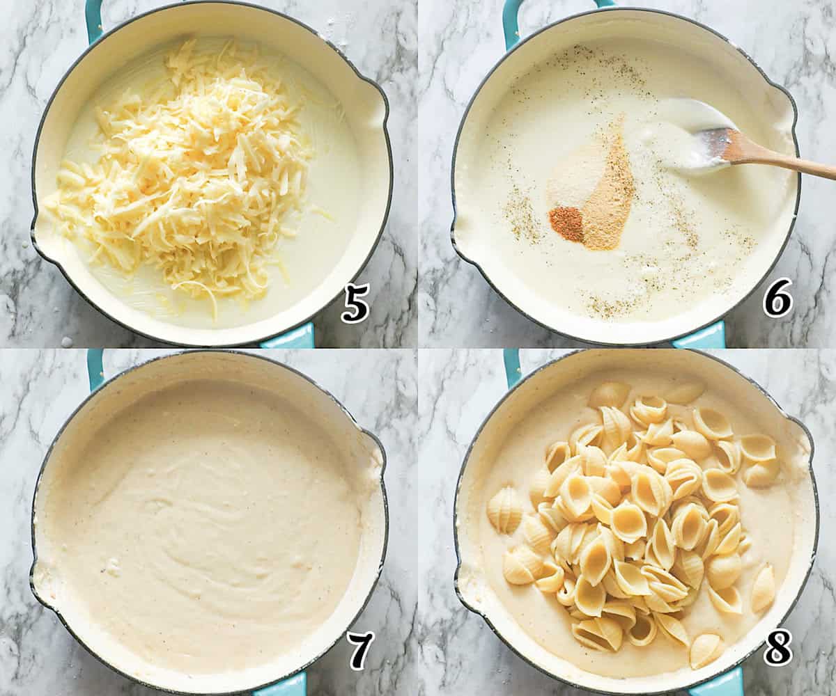 Add cheese and seasonings, then add pasta.
