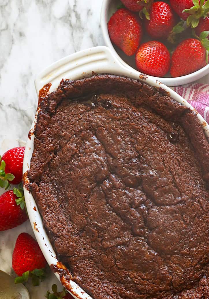 Remove the chocolate cobbler from the oven and allow it to cool before serving.
