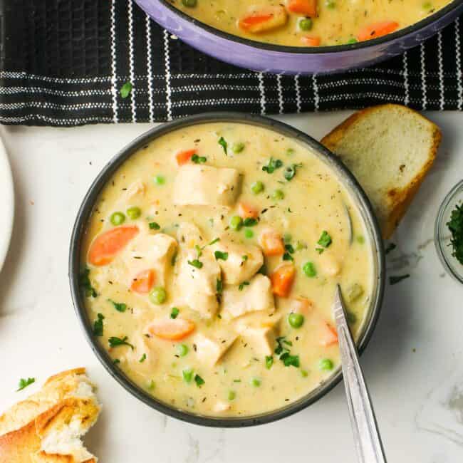 Serving up a super easy comfort food bowl of chicken pot pie soup
