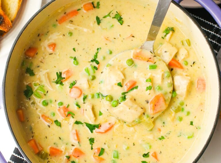 A finished pot of chicken pot pie soup ready to serve