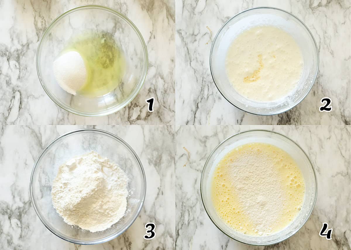 Beat the egg whites (or whole eggs), add the vanilla, and slowly mix in the dry ingredients.