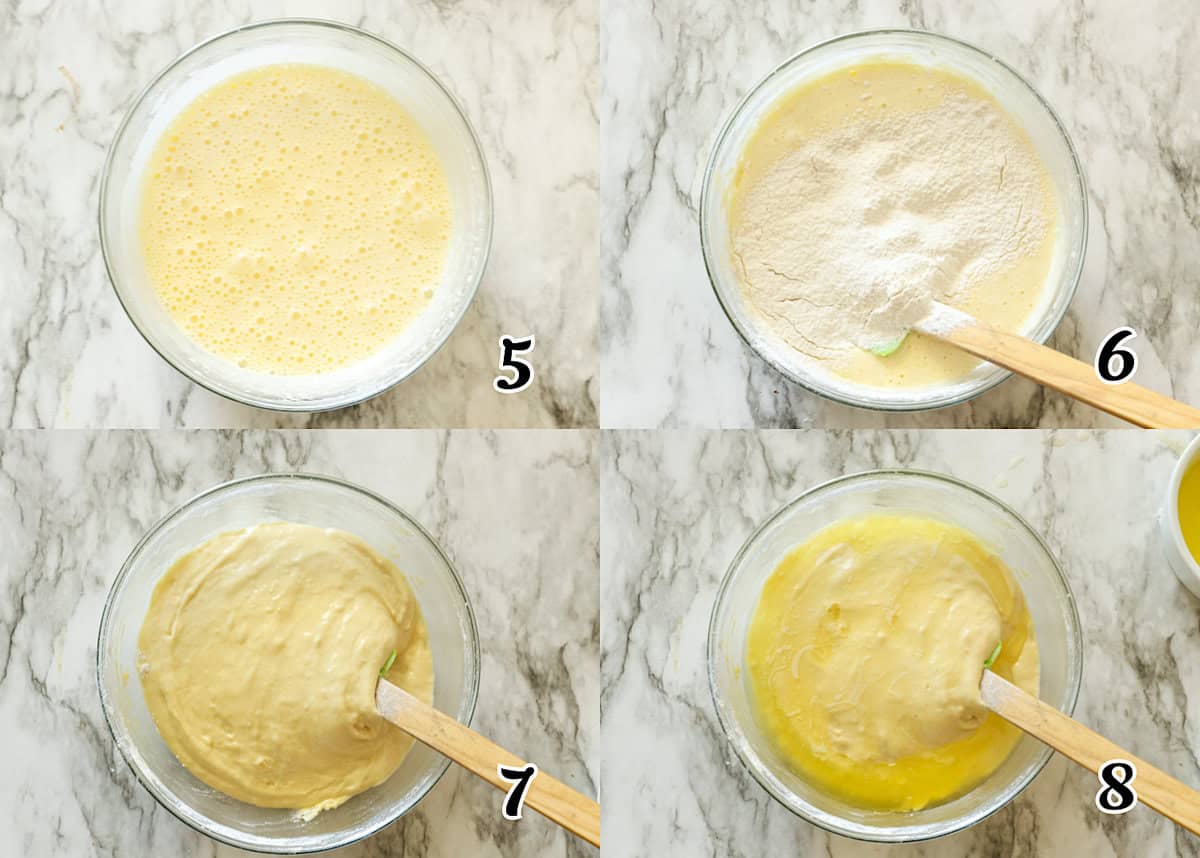 Combine beaten eggs and dry ingredients and add melted butter.