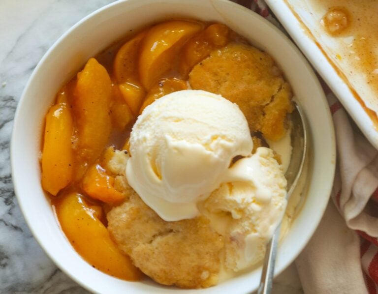 Warm and comforting peach cobbler made even easier with canned peaches