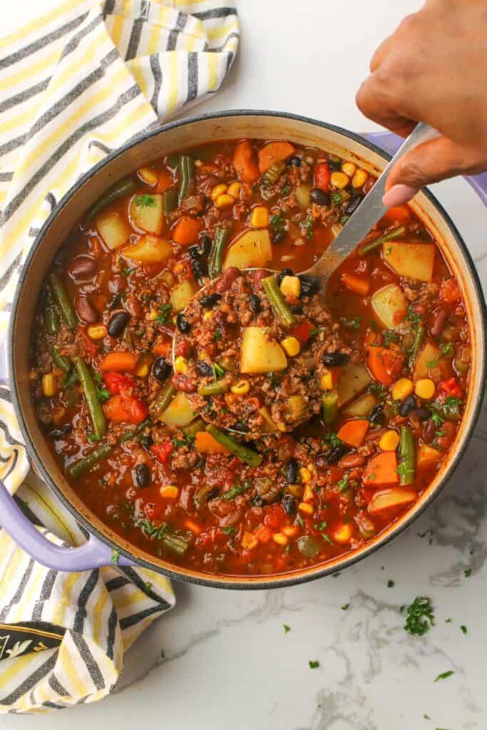 Serving up an easy comfort food meal of hamburger vegetable soup
