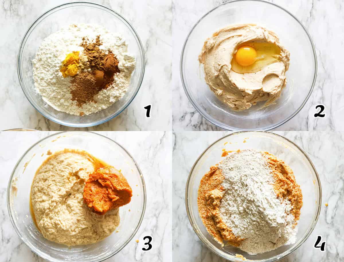 A collage of the first four steps to make the recipe.