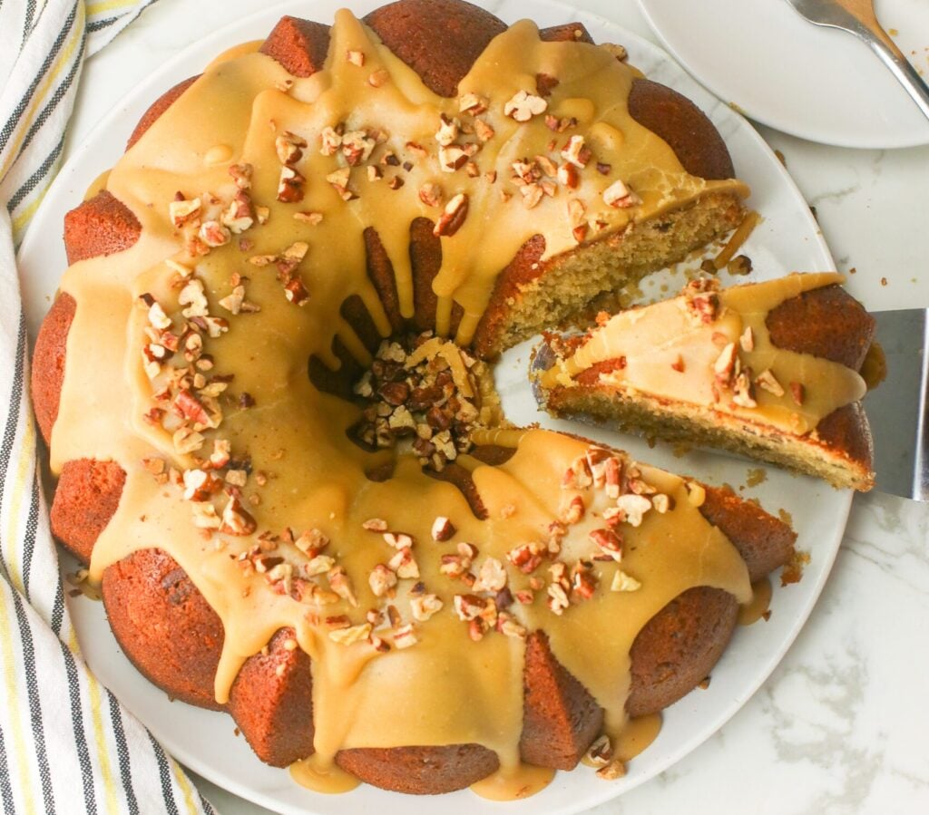Serving up a slice of gorgeously tempting brown sugar caramel pound cake