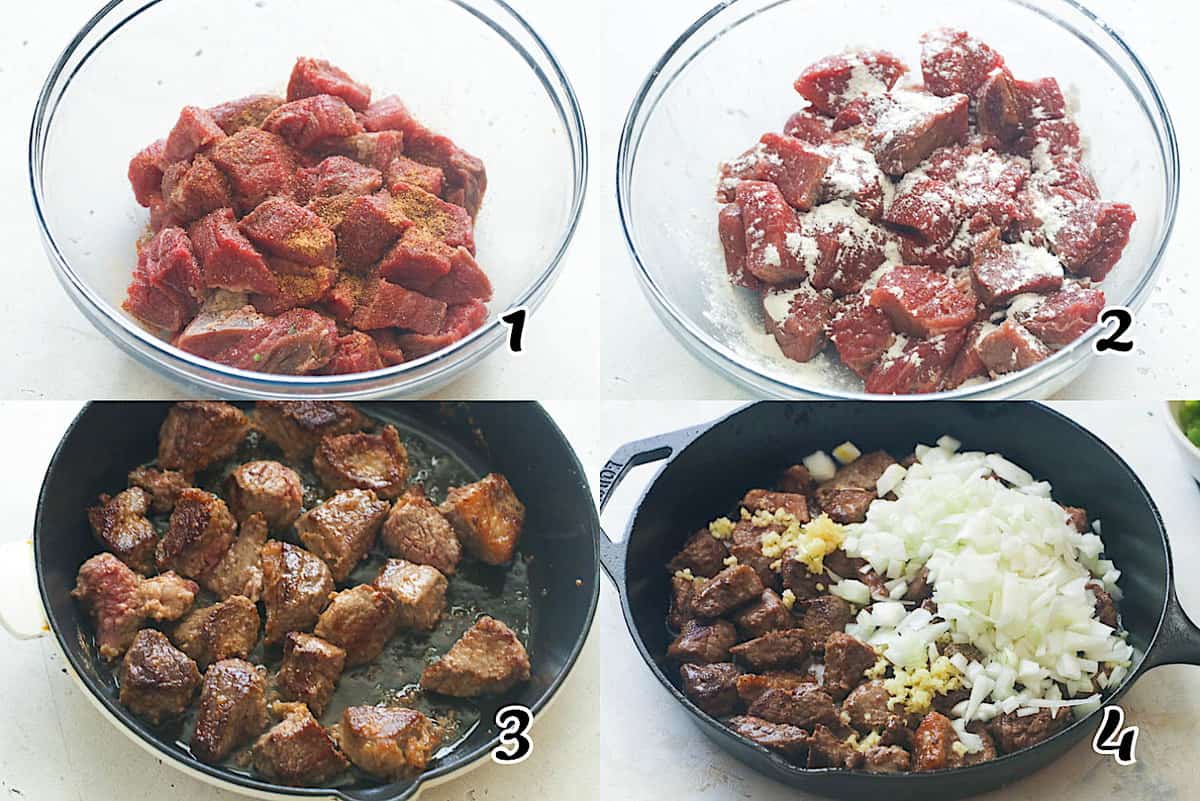 Season and sear beef, then saute aromatics