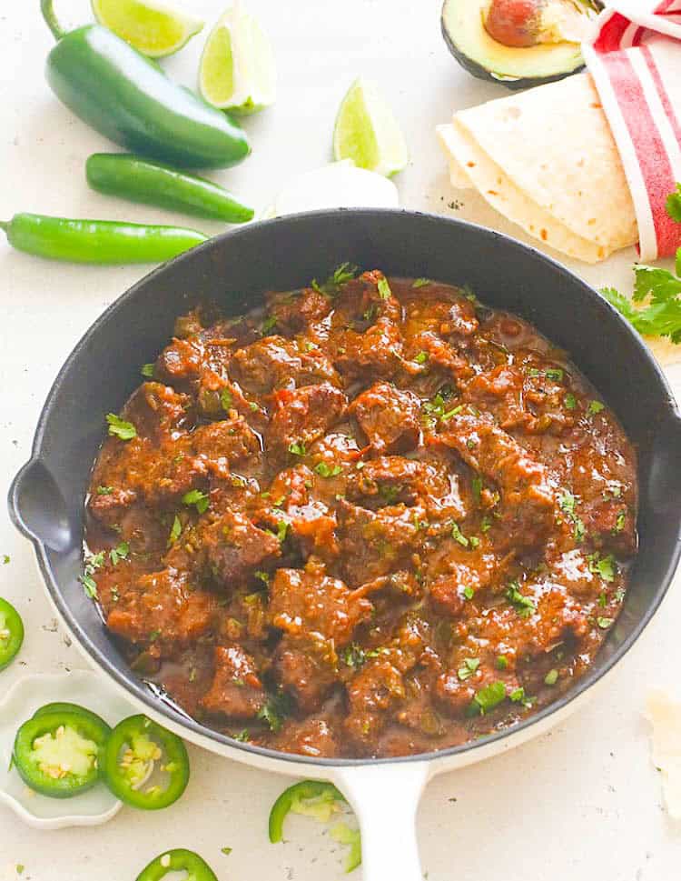Spicy carne guisada freshly made in the skillet ready to enjoy