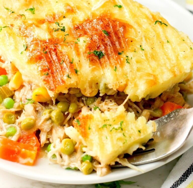 Forking into a crazy delicious piece of chicken shepherd's pie