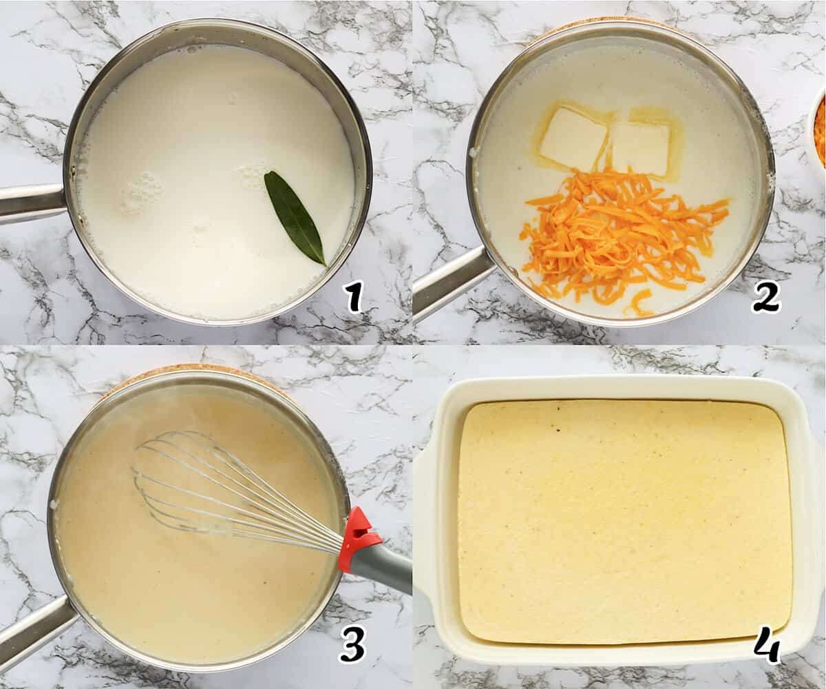 Cook the grits, add the cheese, and pour into a baking sheet to cool