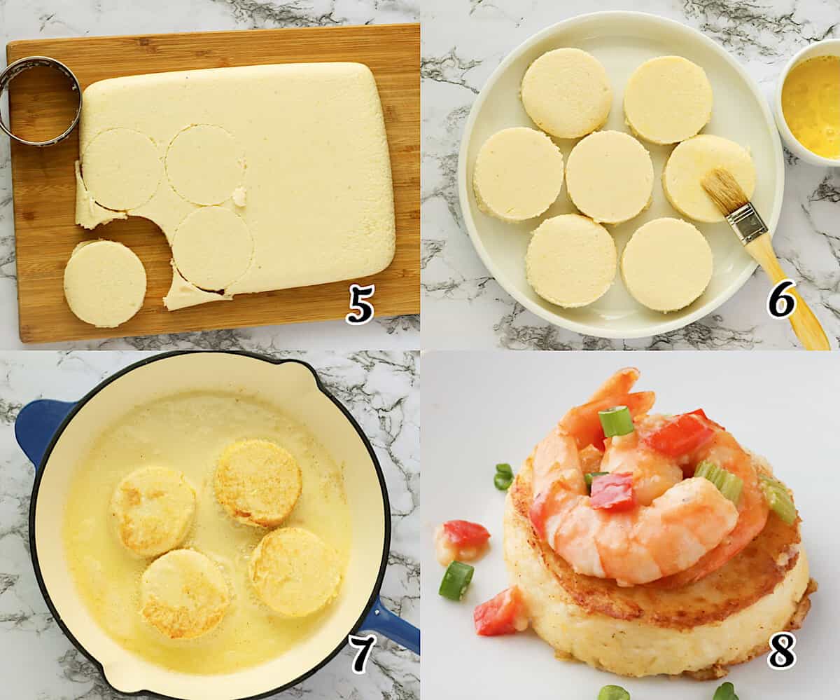 Cut the cooled grits into circles, fry them up, and top with shrimp