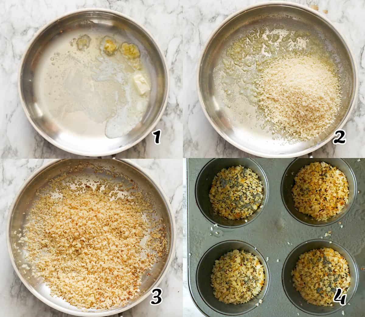 Make enough bread crumbs to line the bottom of a muffin tin.