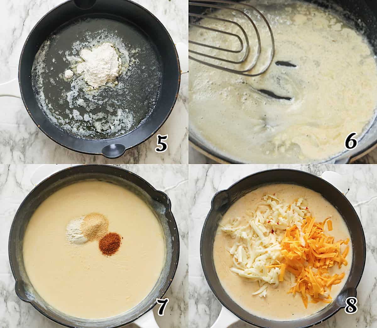 Make the roux, make the béchamel sauce, and add the cheese.