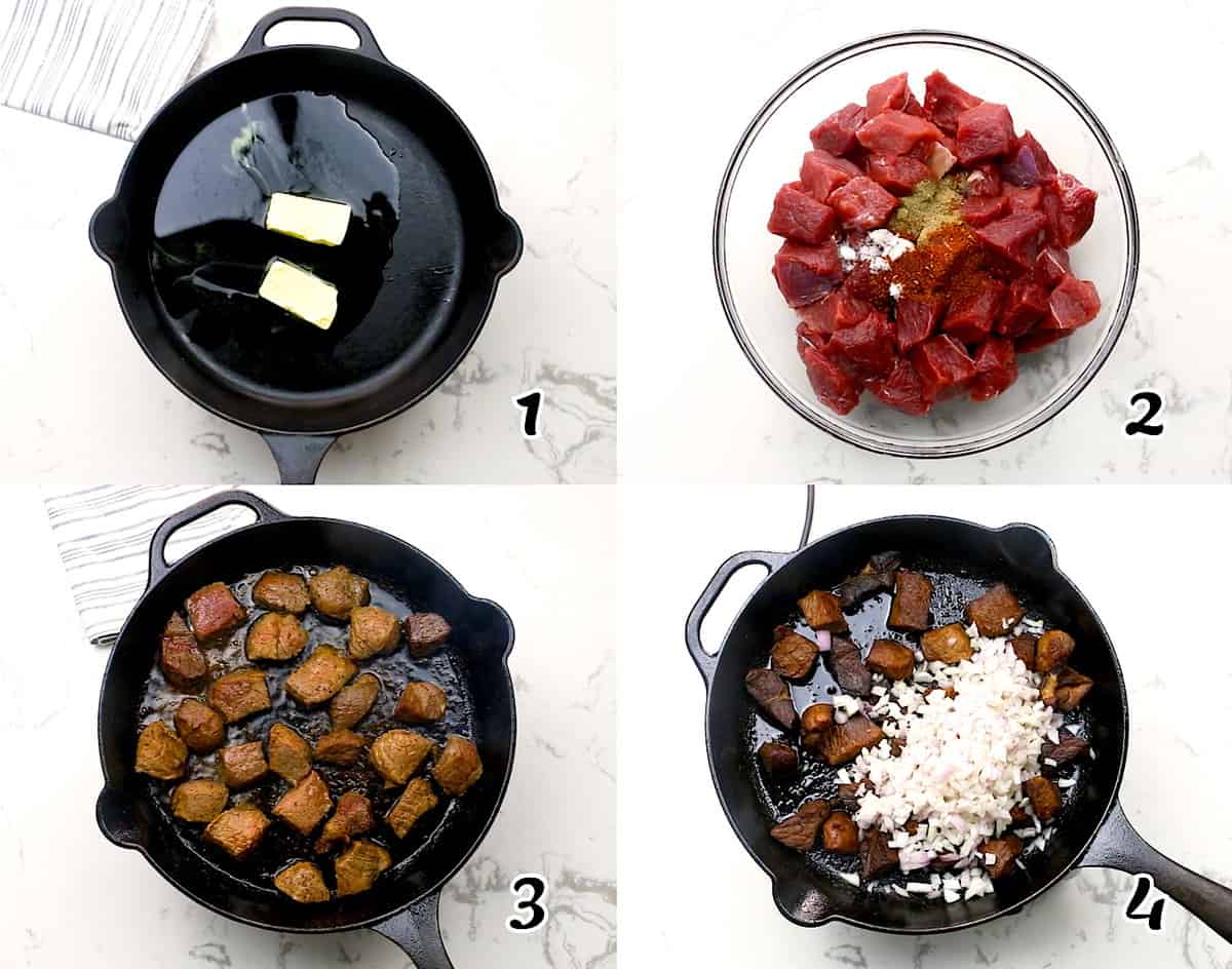 Melt the butter, sear the beef, and sauté the herbs.