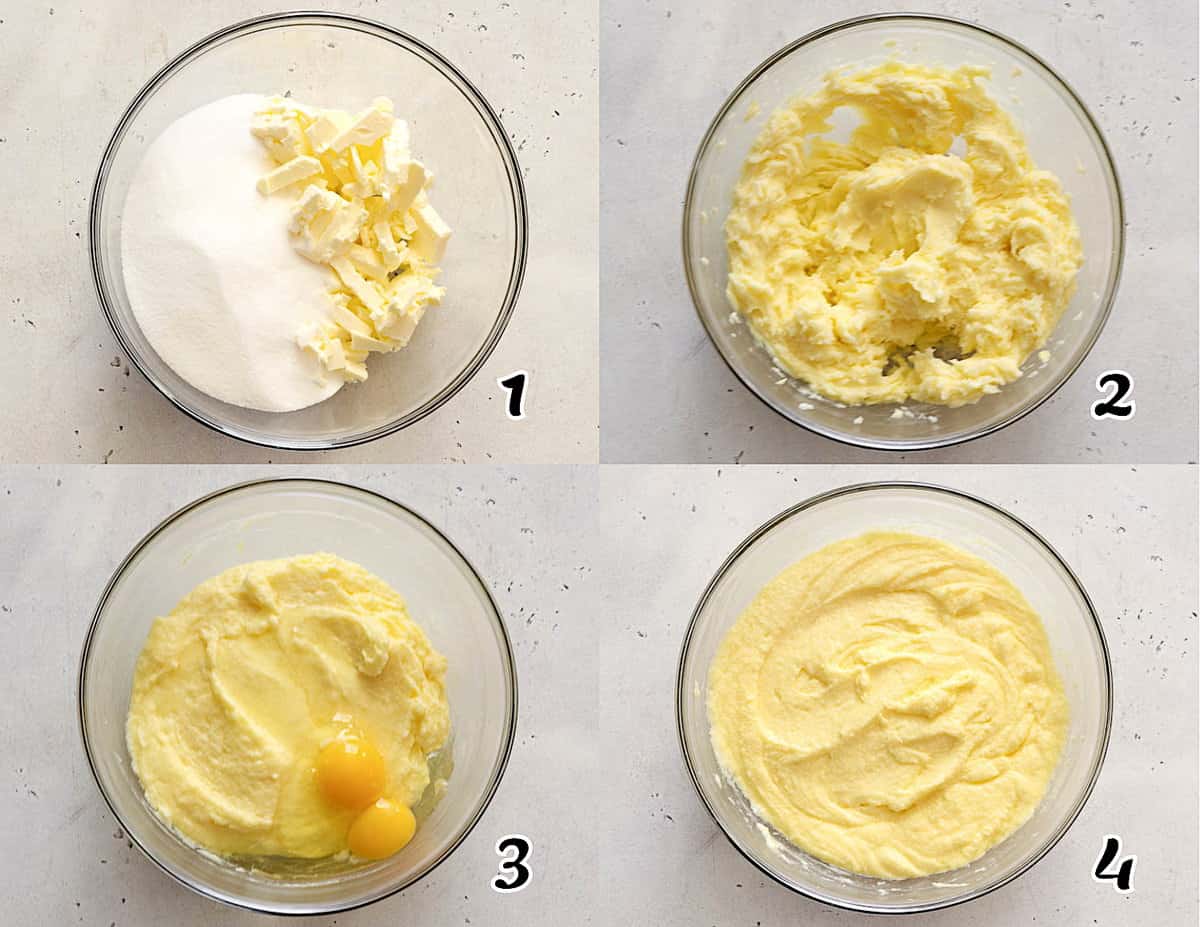 Cream the butter and sugar, add the eggs and mix well.