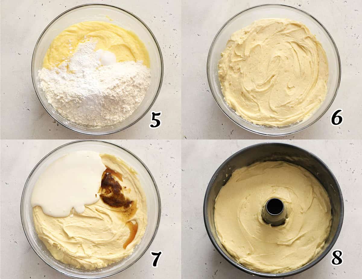Mix the dry ingredients with the butter and egg mixture, add milk and vanilla and bake.