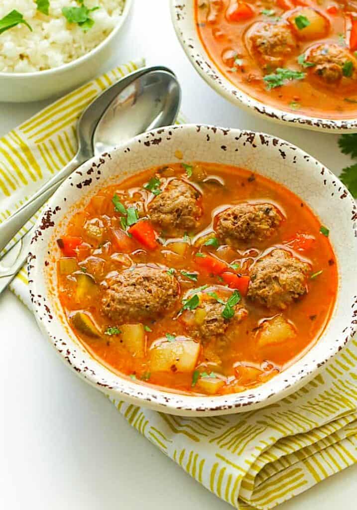 A bowl of amazing albondigas soup hot off the stove