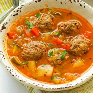 A bowl of amazing albondigas soup hot off the stove