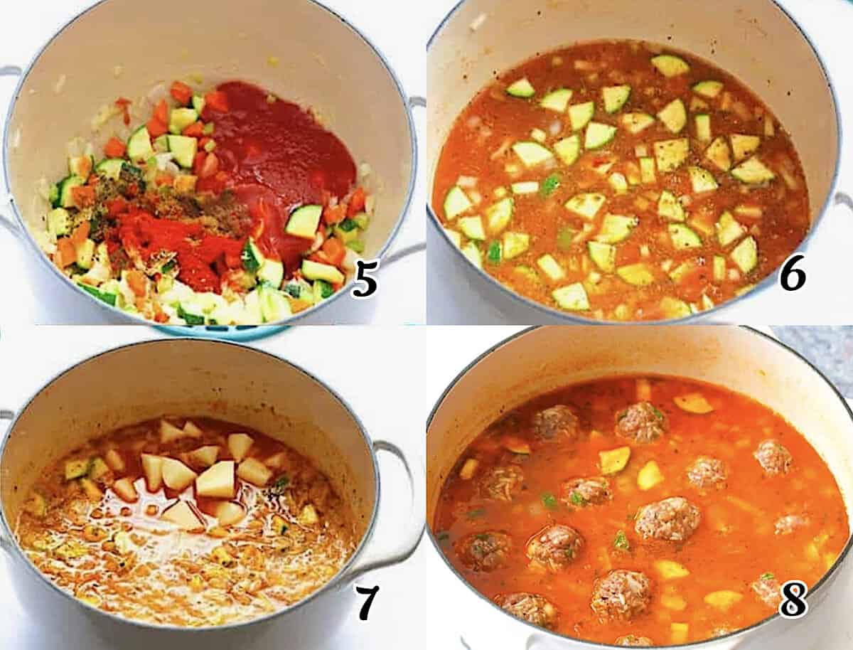 Add seasonings, stew, add meatballs, and cook until softer